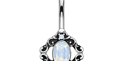 Filigree Pink, Green & White Water Opal Vintage Silver Burnished Plated Fashion Navel