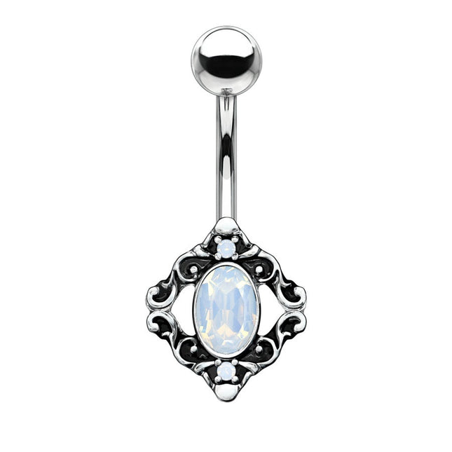 Filigree Pink, Green & White Water Opal Vintage Silver Burnished Plated Fashion Navel