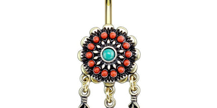 Enamel Bead Tribal Flower Dangle Gold Plated Fashion Navel