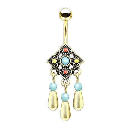 Enamel Bead Tribal Square Flower Dangle Gold Plated Fashion Navel