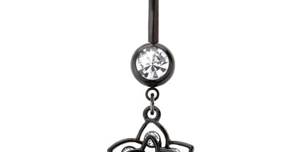 Double Swirl Jewelled Flower Dangle Black Plated Fashion Navel