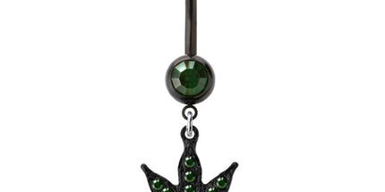 Green Jewelled Marijuana Pot Leaf Dangle Black Plated Fashion Navel
