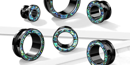 Abalone Rimmed Black PVD over 316L Surgical Steel Scew Fit Tunnel