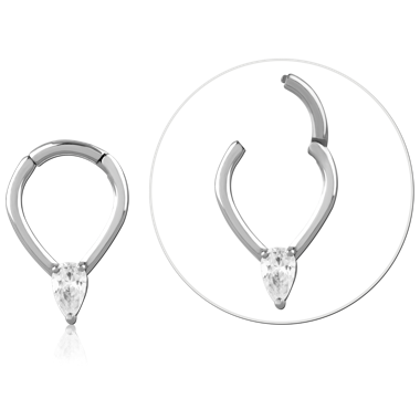Surgical Steel Clicker with Tear Drop Clear Gem. 1.2mm (16ga) thick, 8mm internal diameter