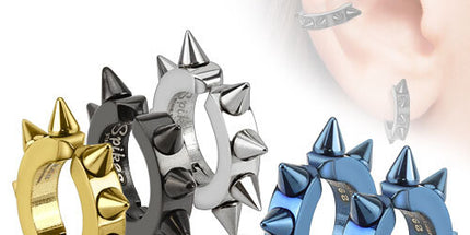 Pair of Oval Hoop IP Non Piercing Ear Cuff Clip On Earrings with Spikes
