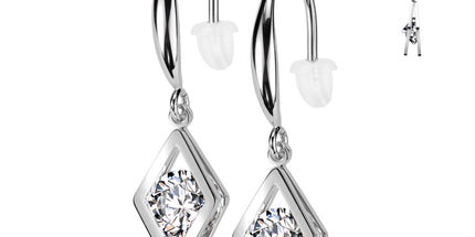Pair Hollow Diamond Dangle With Round Clear Gem Hook Earrings