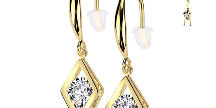 Pair Hollow Diamond Dangle With Round Clear Gem Hook Earrings