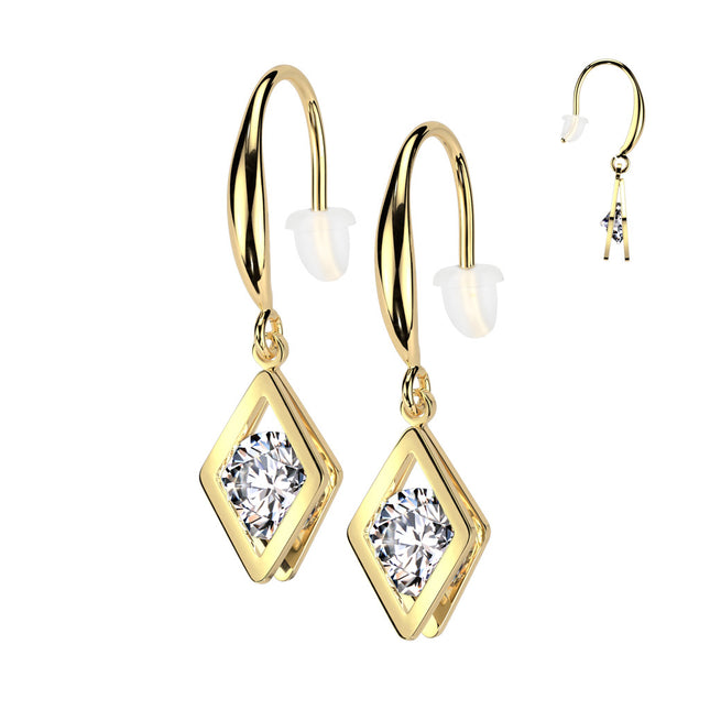 Pair Hollow Diamond Dangle With Round Clear Gem Hook Earrings