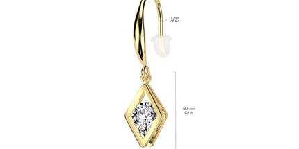 Pair Hollow Diamond Dangle With Round Clear Gem Hook Earrings