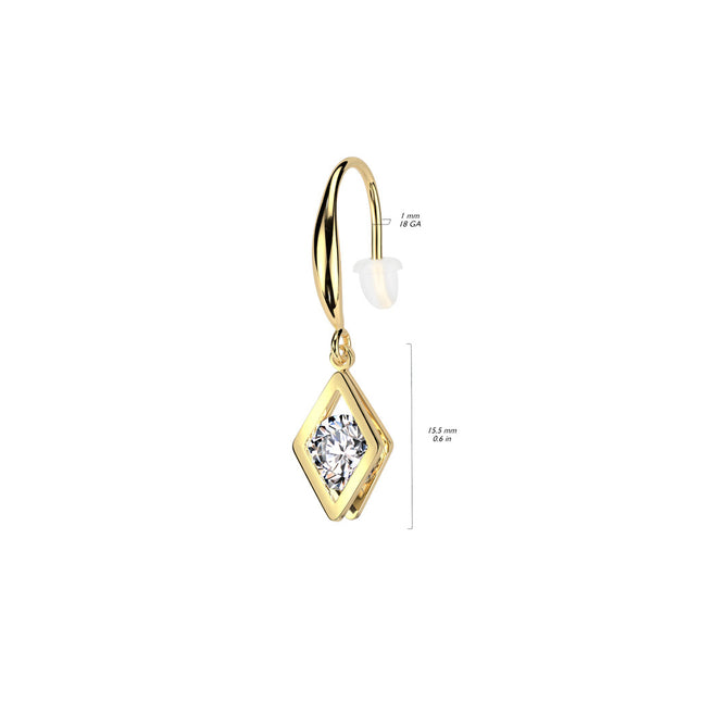 Pair Hollow Diamond Dangle With Round Clear Gem Hook Earrings