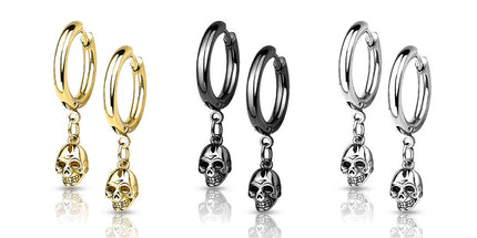 Pair of Skull Dangle 316L Stainless Steel Hoop Earrings