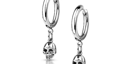 Pair of Skull Dangle 316L Stainless Steel Hoop Earrings