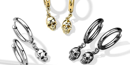 Pair of Skull Dangle 316L Stainless Steel Hoop Earrings