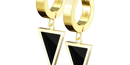 Pair Stainless Steel Hinged Hoop Earrings With Black Enamel Filled Triangle Dangle