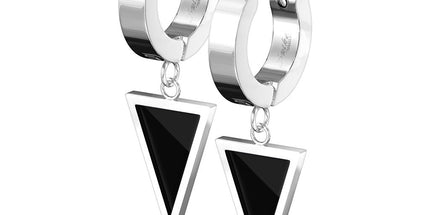 Pair Stainless Steel Hinged Hoop Earrings With Black Enamel Filled Triangle Dangle
