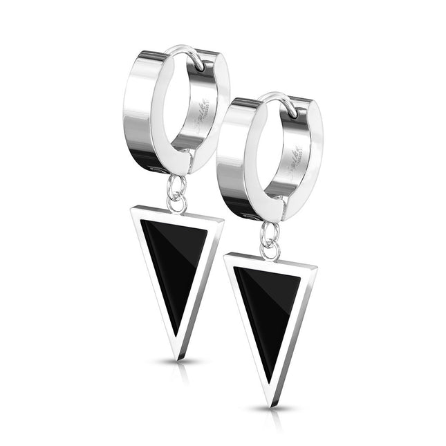 Pair Stainless Steel Hinged Hoop Earrings With Black Enamel Filled Triangle Dangle