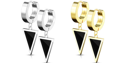 Pair Stainless Steel Hinged Hoop Earrings With Black Enamel Filled Triangle Dangle