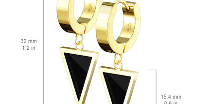 Pair Stainless Steel Hinged Hoop Earrings With Black Enamel Filled Triangle Dangle