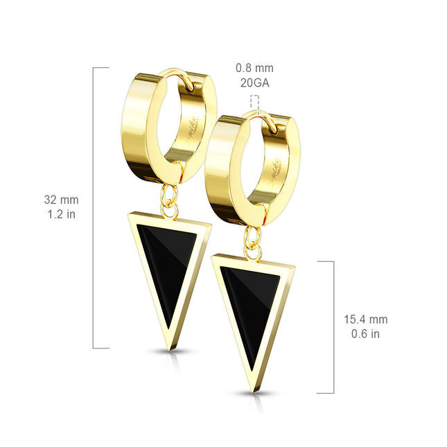 Pair Stainless Steel Hinged Hoop Earrings With Black Enamel Filled Triangle Dangle