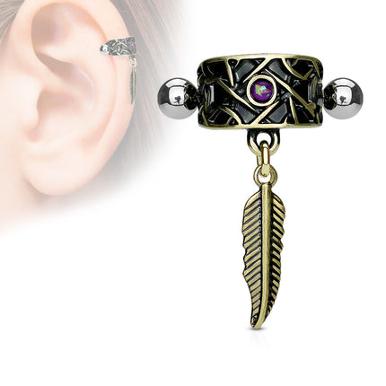 Blue Opal Antique Gold Tribal Net with Feather Dangle Ear Cartilage/Helix Cuff