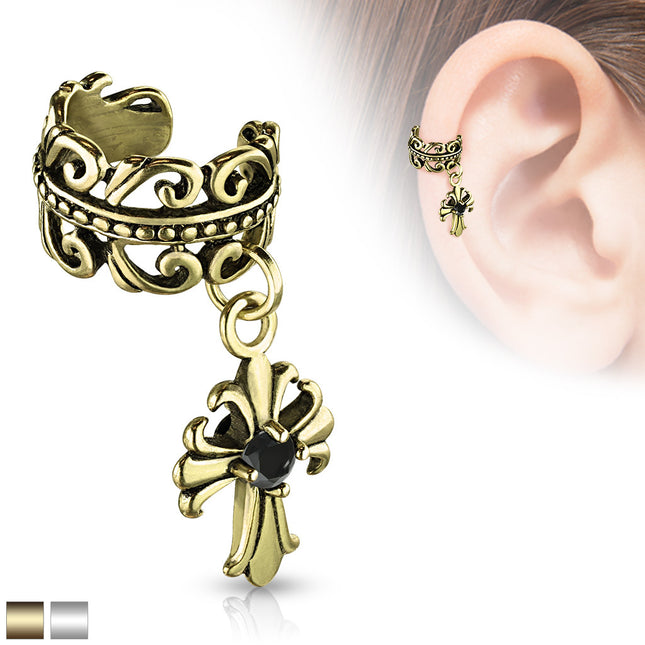 Non Piercing Ear Cuff Celtic Heart with Fleur De Lis Cross