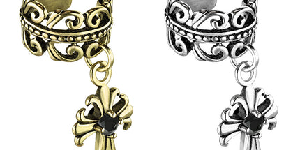 Non Piercing Ear Cuff Celtic Heart with Fleur De Lis Cross