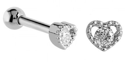 Surgical Steel Jewelled Heart Tragus Micro Barbell in Silver & Rose Gold