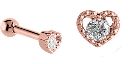 Surgical Steel Jewelled Heart Tragus Micro Barbell in Silver & Rose Gold