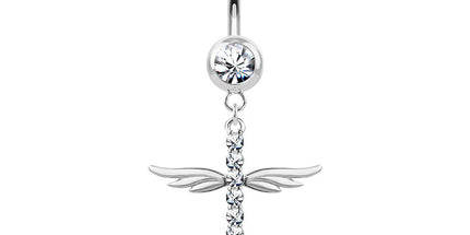 CZ Paved Cross with Wings Dangle Double Jewelled Navel