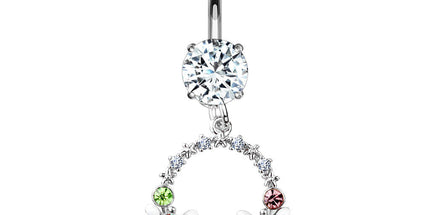 AB Crystal Flowers and Multi Coloured Gems Set Circle Dangle Double Jewelled Navel