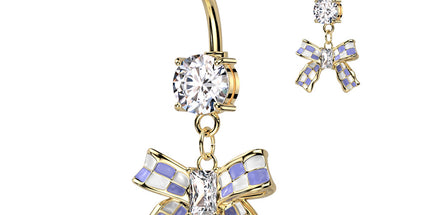 Double CZ Navel With Checkered Ribbon Dangle