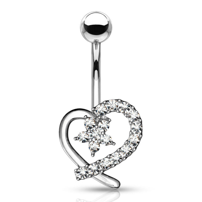 Jewelled Hollow Heart with CZ Flower Center Navel