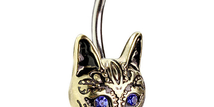 Tribal Cat with Blue Crystal Eyes and Blue Crystal Center Flower Top Navel
