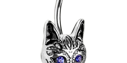 Tribal Cat with Blue Crystal Eyes and Blue Crystal Center Flower Top Navel