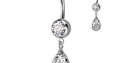 Double Jeweled CZ With Pear CZ Floral Prong Set Dangle Navel