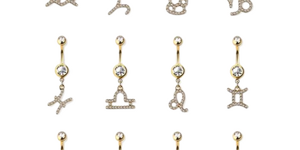 Gold plated gem paved zodiac sign 316l surgical steel dangle navel ring