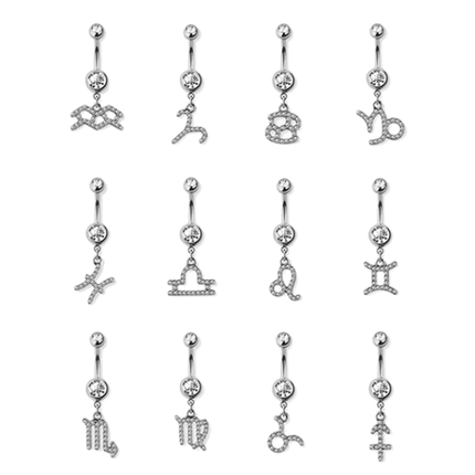 Gem paved zodiac sign 316l surgical steel dangle navel ring