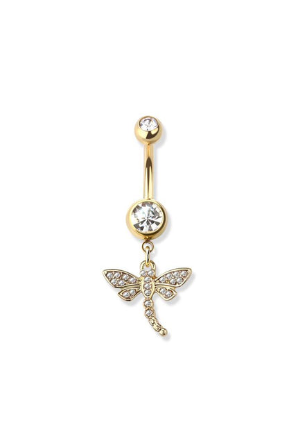Gem paved dragonfly dangle 316l surgical steel navel ring