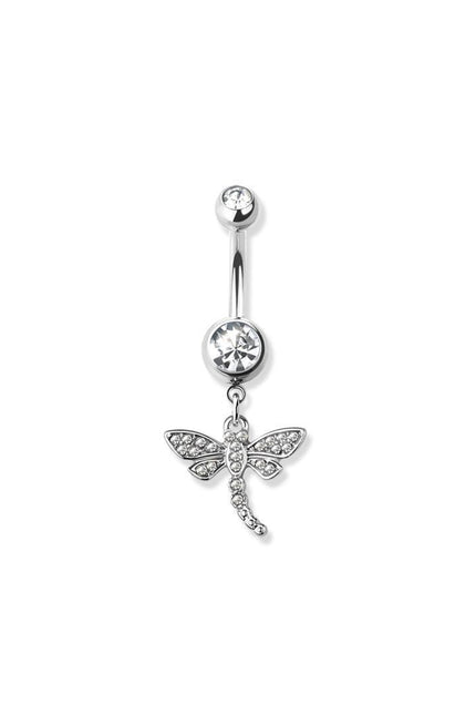 Gem paved dragonfly dangle 316l surgical steel navel ring