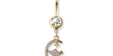 Gem paved angle on crescent moon dangle 316l surgical steel navel ring