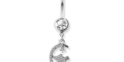 Gem paved angle on crescent moon dangle 316l surgical steel navel ring