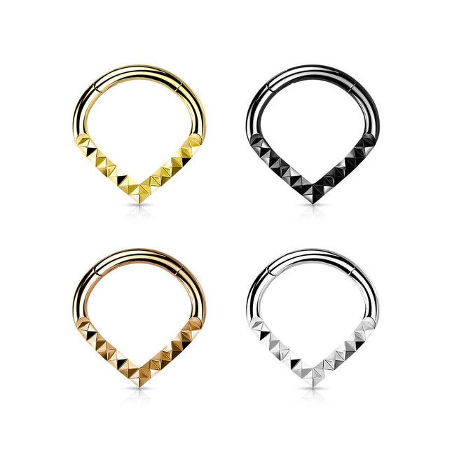 Hinged Segment Hoop Ring With Pyramid Cut Chevron