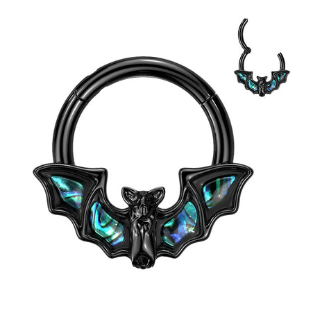 316L Surgical Steel Hinged Segment Ring with Bat and Abalone Shell Wings Black & Silver