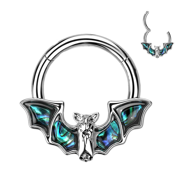 316L Surgical Steel Hinged Segment Ring with Bat and Abalone Shell Wings Black & Silver