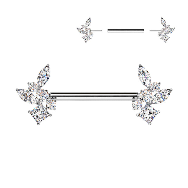 Surgical Steel Threadless Push In Nipple Barbell with Clear Crystal Cluster Ends