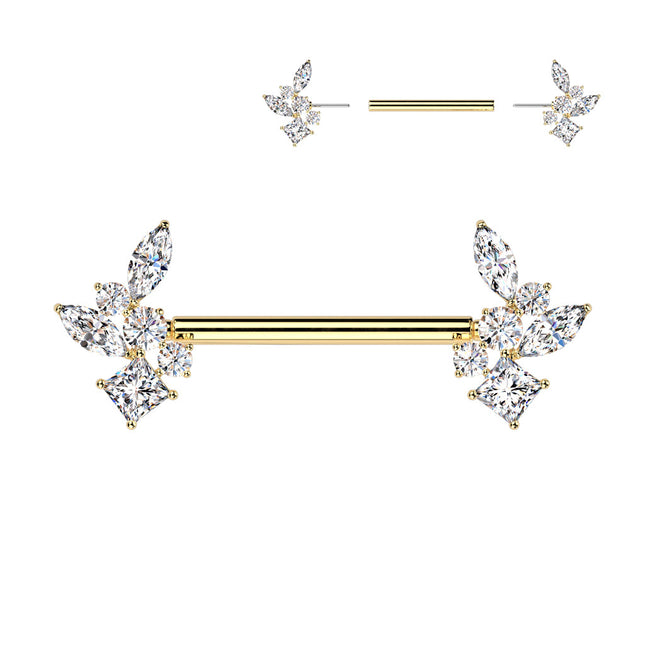Surgical Steel Threadless Push In Nipple Barbell with Clear Crystal Cluster Ends