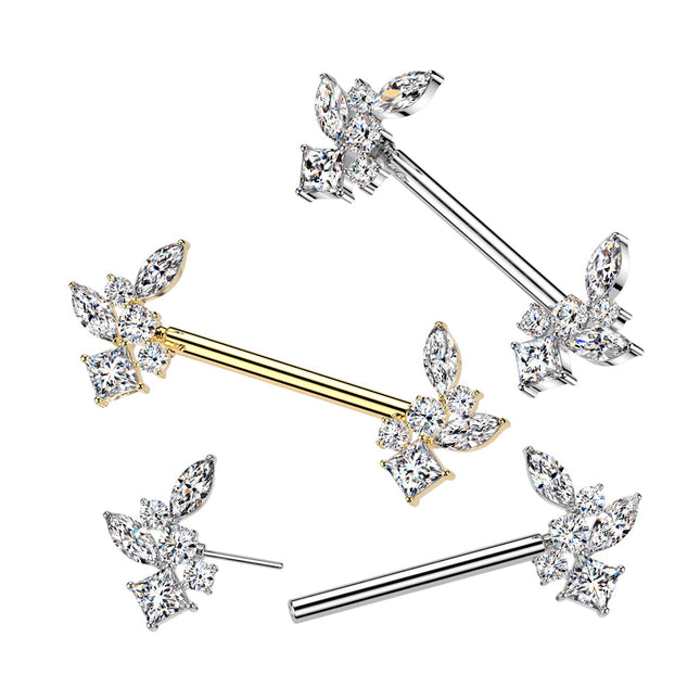 Surgical Steel Threadless Push In Nipple Barbell with Clear Crystal Cluster Ends