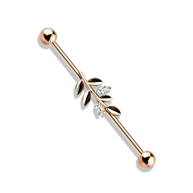 Clear Crystal Set Leaf Industrial Barbell 316L Surgical Steel