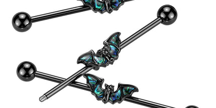 Black Industrial Barbell With Abalone Winged Bat