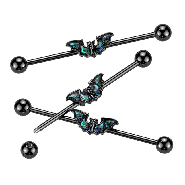 Black Industrial Barbell With Abalone Winged Bat